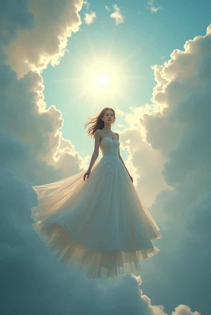 A girl in the space between the clouds and the sun with a wedding dress and magical lights around her