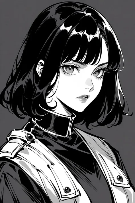 (Best quality, sketch:1.2),realistic,illustrator,anime,1 girl, detailed lips, black clothes, military, medic,custom, (dark monochrome background), dark hair,Textured trim, masterpiece, retro classic style, dark black, Art, sketch book, (black bob hair:1.75...