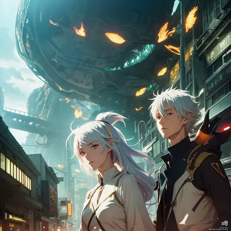 Anime couples are walking in a sci-fi city full of feasting and debauchery. A waist-length girl with white hair and golden pupils is leading a man with medium hair. Shadows of dragons and phoenixes emerge behind them. Close-up perspective. Concept art Mako...