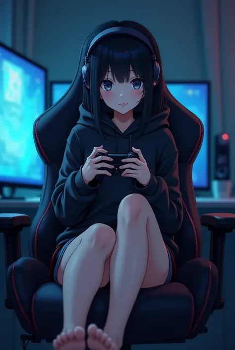 Anime Style. A asian girl tall in her twenties with black hair, black eyes, black hood covering her head and headphones on her. The girl is barefoot. The girls feet are on the gamer chair. In her right hand is the back of a PlayStation controller.. The bac...