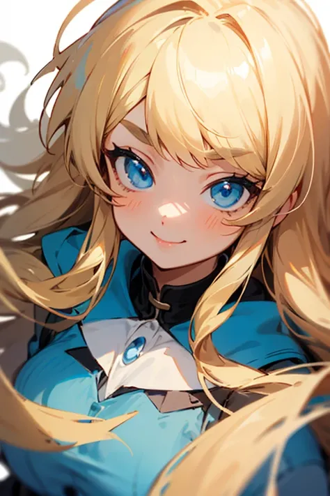 cute girl, long dark blonde hair, bangs that cover euebrows, big blue eyes, cute smile, anime style