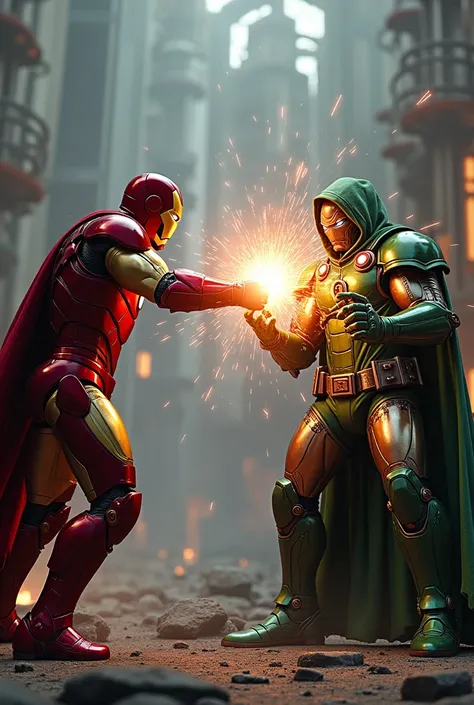 Ironman shooting to dr doom and dr doom make a shield for protection 