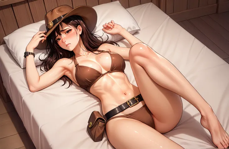 Japanese Beauty,Brown Bikini,(Wear a gun belt with a gun in a holster around your waist),Wear western boots,Brown cowboy hat and watch on wrist,Being drunk,sad,Open your eyes and look here,indoor,Above the knee shot,Lying in bed,Ultra-high resolution,16K