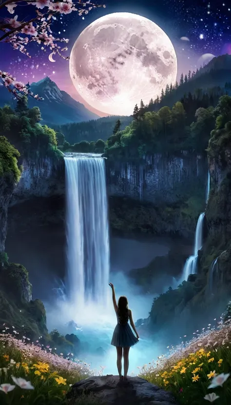 1girl, ftom behind, open her hands wide to feel the freshness that nature gave. At night, epic wide landscape at the background, mountains, majestic waterfall, trees and flowers. The girl seen from a far distance, she looks tiny in the picture, silhouette....