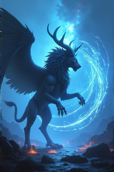 Horizontally create a PC wallpaper of the mythical being Griffin, imposing, with huge horns, in 3D that is fighting with musical notes on a blue lava volcano