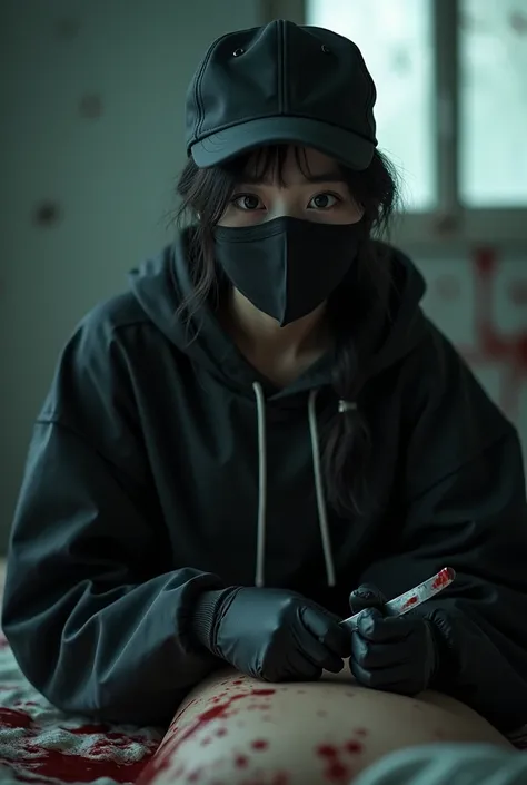 korean girl, (behind corpse, holding knife), black surgical mask, black gloves, room full of blood, black raincoat, trucker hat, holding knife, black gloves, woman on top, behind multiple corpse, blood splatter, on the bed, looking at viewer, mass murderer...