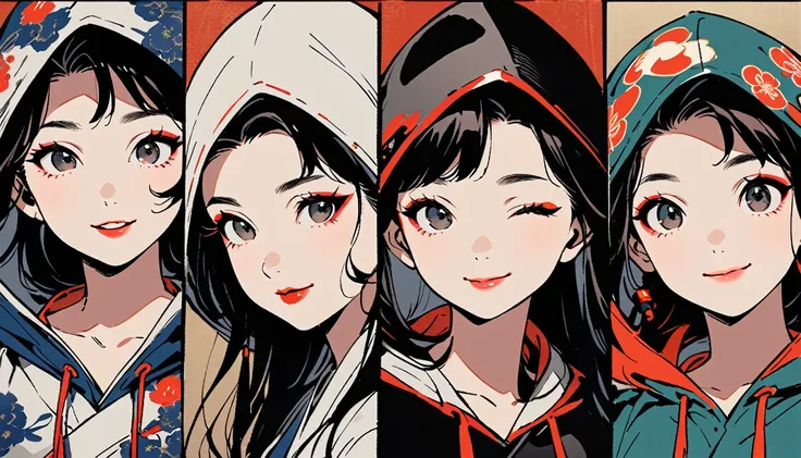 (((Ink Painting))), (((from above))), (((1 female))), (((Put on the hood))), (((Japanese pattern hoodie))), (((Very flashy makeup))), Japanese style headphones, devil, face close-up, front view, Japan人の美少女, Black Hair, Delicate and precise, Modern ukiyo-e ...