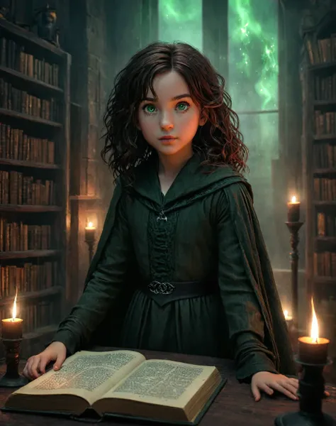 (best quality, masterpiece), 1 girl, young 11 year old girl,daughter of severus snape, freckles, light green eyes, black copper shaggy hair, (style-swirlmagic:0.8), portrait, looking up, solo, half shot, detailed background, detailed face, (WitchcraftPunkA...