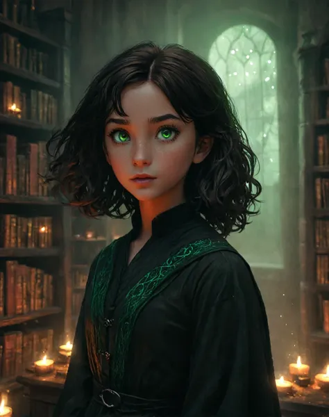 (best quality, masterpiece), 1 girl, young 11 year old girl,daughter of severus snape, freckles, light green eyes, black copper ...