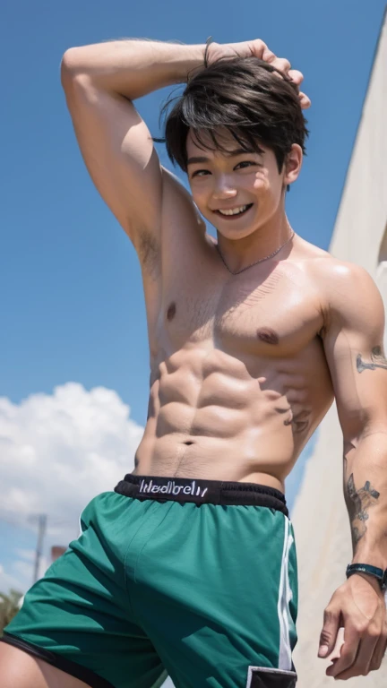 Japanese men、15 years old、Well-developed muscles and smooth skin、Fluffy green hair、Boxer briefs、You can see the whole body from head to toe、Smiling softly、Hero Academy