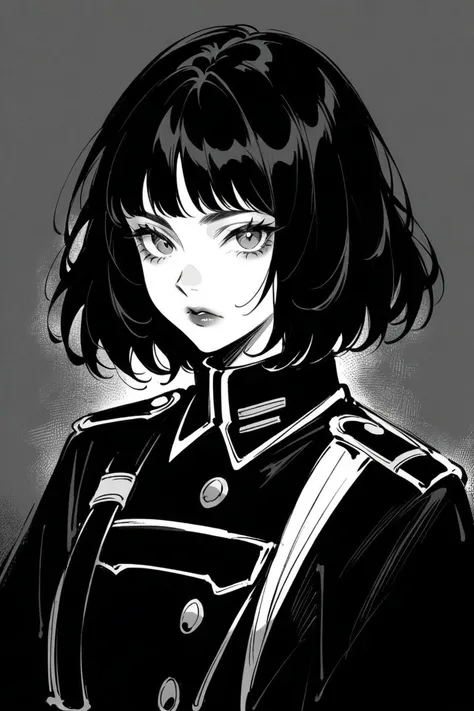 (Best quality, sketch:1.2),realistic,illustrator,anime,1 girl, detailed lips, black clothes, military, medic,custom, (dark monochrome background), dark hair,Textured trim, masterpiece, retro classic style, dark black, Art, sketch book, (black bob hair:1.75...