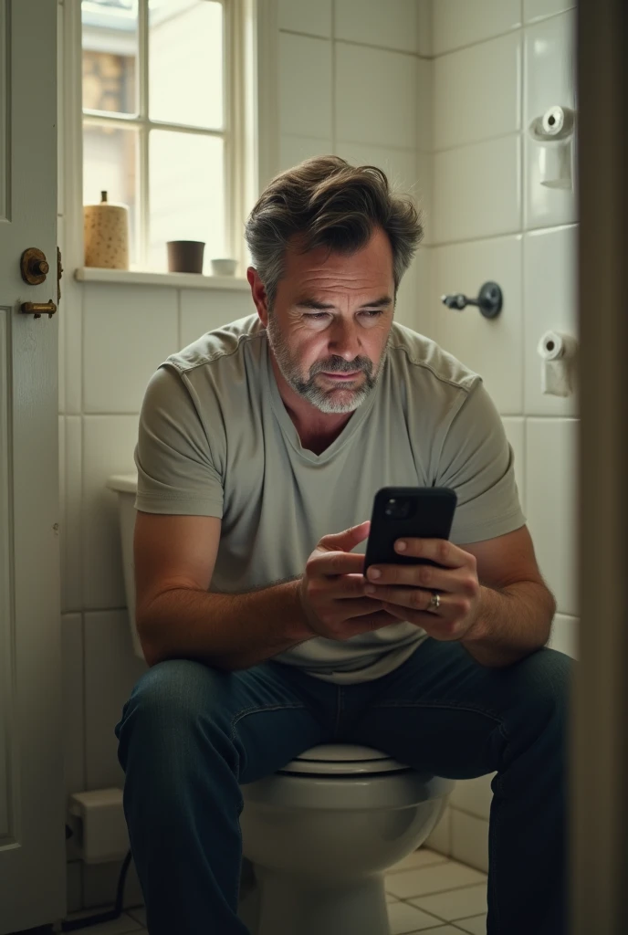 Man pooping while playing phone in bathroom
