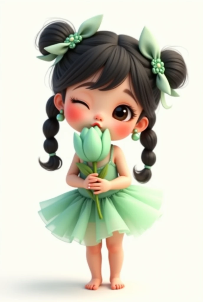 Cute little Chinese girl, round face, short legs, watery eyes, close-up of face, lipstick, one eye open and one eye closed, very playful, kissing the camera, pouty lips, long black hair, double braids, light green flower earrings, big green bow in hair, we...