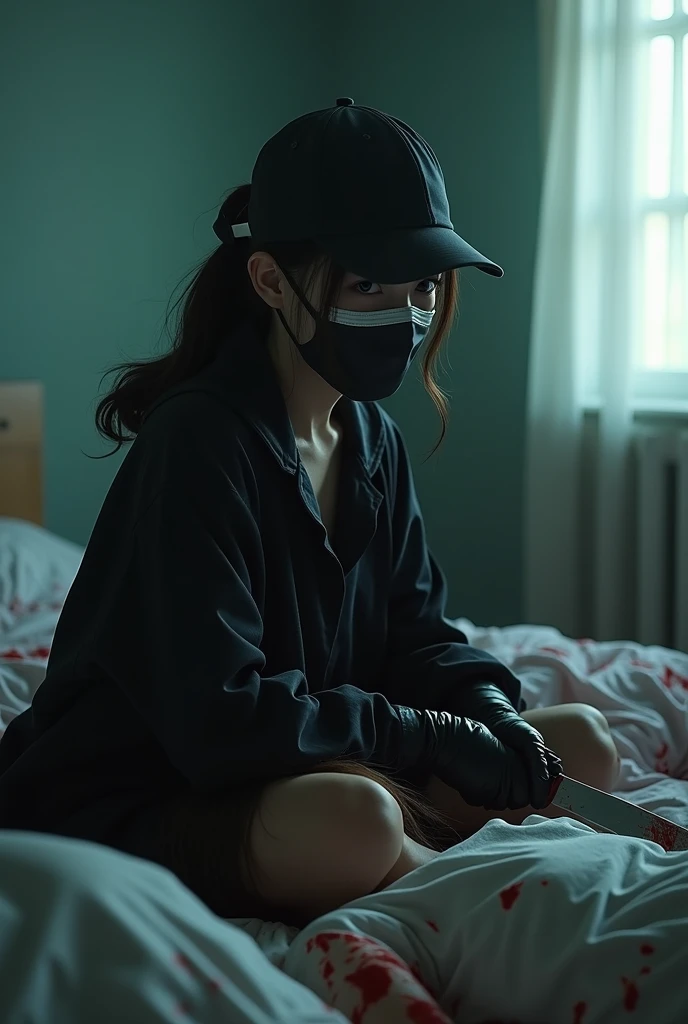 korean girl, (behind multiple corpse, holding knife), black surgical mask, black gloves, room full of blood, black raincoat, trucker hat, holding knife, black gloves, woman on top, behind multiple corpse, blood splatter, on the bed, looking at viewer, mass...