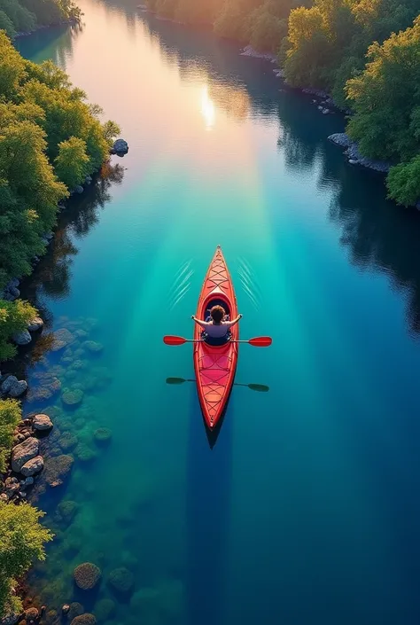 a kayak in the water, in the style of optical color mixing, aerial view, rainbowcore, national geographic photo, 8k resolution, crayon art, interactive artwork