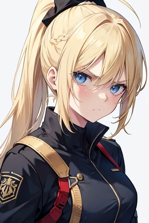 blonde　ponytail　blue eyes　Beautiful woman　Simple Background,  Black combat uniform　Holding a shotgun　Adult atmosphere　Making a grumpy face/dissatisfaction, 