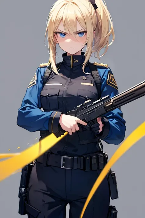 blonde　ponytail　blue eyes　Beautiful woman　Simple Background,  Black combat uniform　Holding a shotgun　Adult atmosphere　Making a grumpy face/dissatisfaction, 