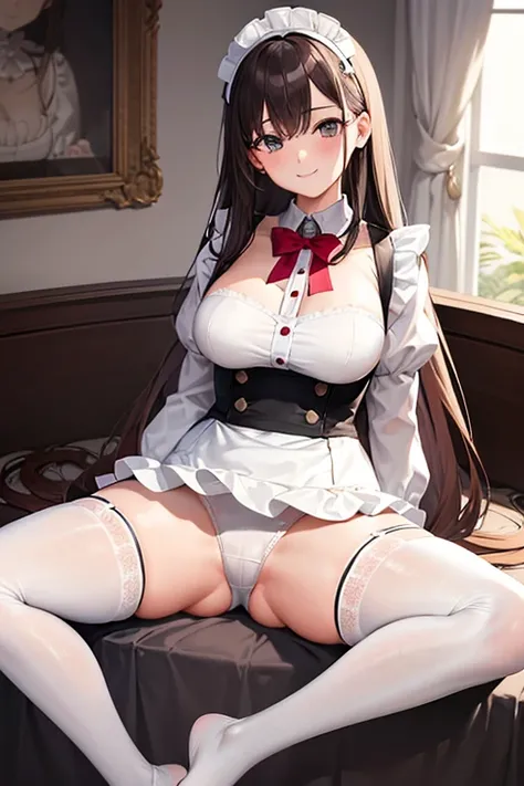 Highest quality, masterpiece, Adult women,8 heads，Long sleeve maid outfit，Without skirt，Brown Hair，Long Hair，Bedroom，Sit in the corner of the bed，Spread your legs、Leg spread，White tights，White garter belt，White shorts，I can see your pants，A seductive smile...