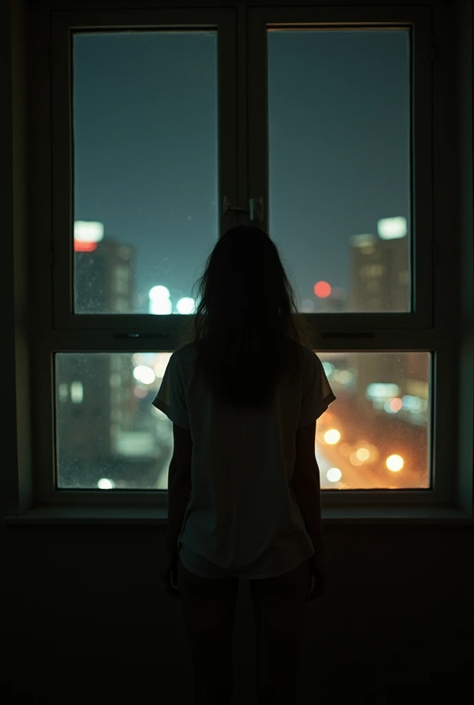 This is a dark and moody, candid, analog film photograph, taken at night, of a woman standing in front of a large window and aimlessly looking through the window at the view of the city from her apartment. Shes wearing a loose t-shirt and underwear. castin...