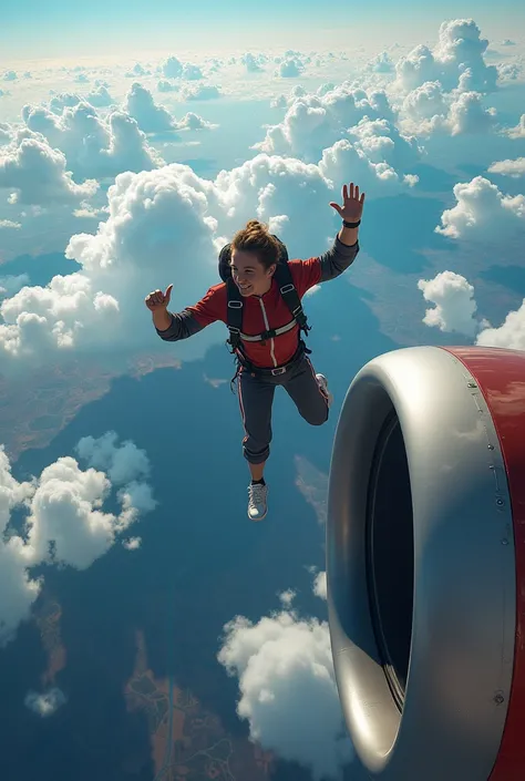 Create an image of someone doing an extreme sport, such as skydiving. The person was wearing casual sportswear with large words in the sky, MASTER EDITING VISUALS, and was close to the engine of a large plane in the middle of flight. The background shows a...