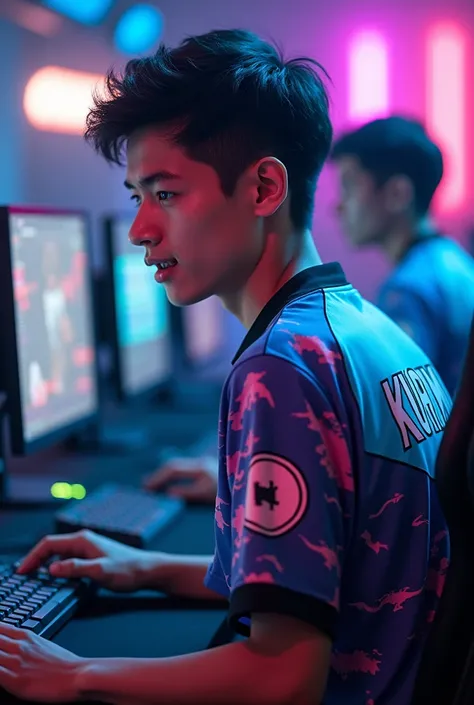 A young man gamer wearing esports jersy with a name of "KURUMU" at the back