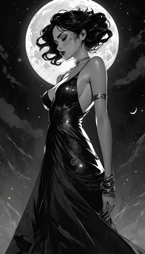 some sexy, dark, queen of hell, loneliness, magic, magic, fantastic, night sky, moon, stars, background, , tmari, sketch, tradit...