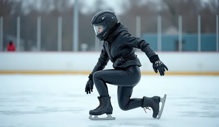 Female ice skater，Wearing a black leather jacket，A futuristic helmet，Slide sideways on one knee，individual，Hyperrealism，Wallpaper quality，Photography style，Shoot the side