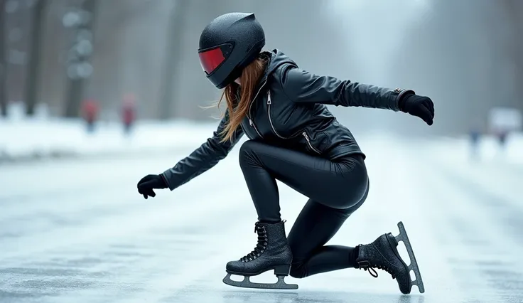 Female ice skater，Wearing a black leather jacket，A futuristic helmet，Slide sideways on one knee，individual，Hyperrealism，Wallpaper quality，Photography style，Shoot the side