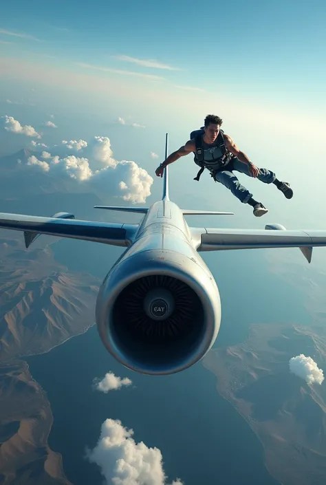 Create an image of someone doing an extreme sport, such as skydiving. The person was wearing casual sportswear with large words in the sky, MASTER EDITING VISUALS, and was close to the engine of a large plane in the middle of flight. The background shows a...