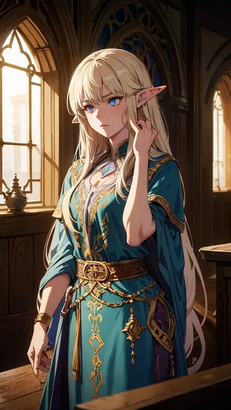 A beautiful elven girl with long flowing hair, detailed facial features, wearing tattered and dirty clothes, being led to an auction in a fantasy kingdom, intricate fantasy architecture, moody lighting, highly detailed, cinematic, dramatic, 8K, photorealis...