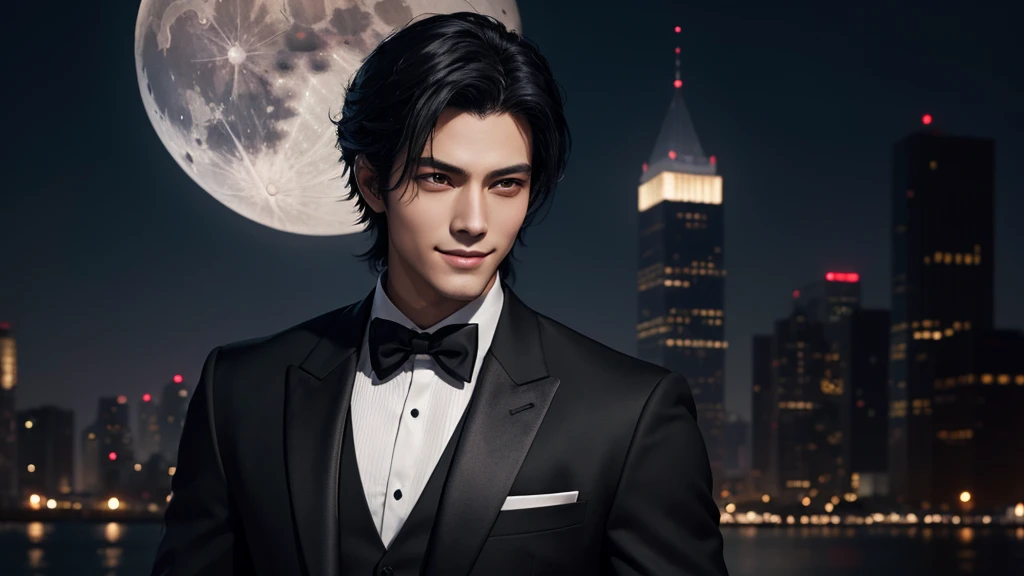 One Man in the Night City、Alluring Handsome Youth、Black Hair、Dark Eyes、Black formal attire、smart、slim、A fearless smile、Moon Night、Suspicious atmosphere、high resolution、Amazing Image、High Precision、High quality、Like the Latest Final Fantasy、Biologically cor...