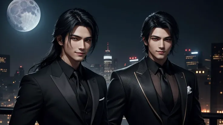 One Man in the Night City、Alluring Handsome Youth、Black Hair、Dark Eyes、Black formal attire、smart、slim、A fearless smile、Moon Night、Suspicious atmosphere、high resolution、Amazing Image、High Precision、High quality、Like the Latest Final Fantasy、Biologically cor...