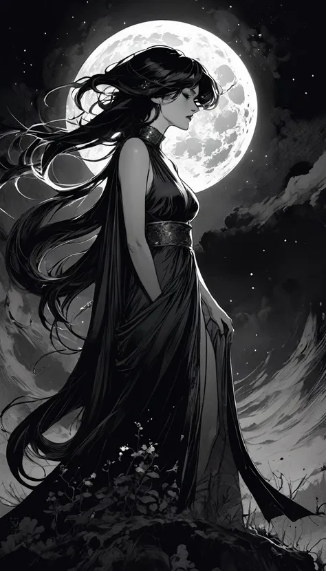 some sexy, dark, queen of hell, loneliness, magic, magic, fantastic, night sky, moon, stars, background, , tmari, sketch, traditional media, pen drawing, white background chiaroscuro, sensual, dramatic lighting, moody atmosphere, photorealistic, intricate ...