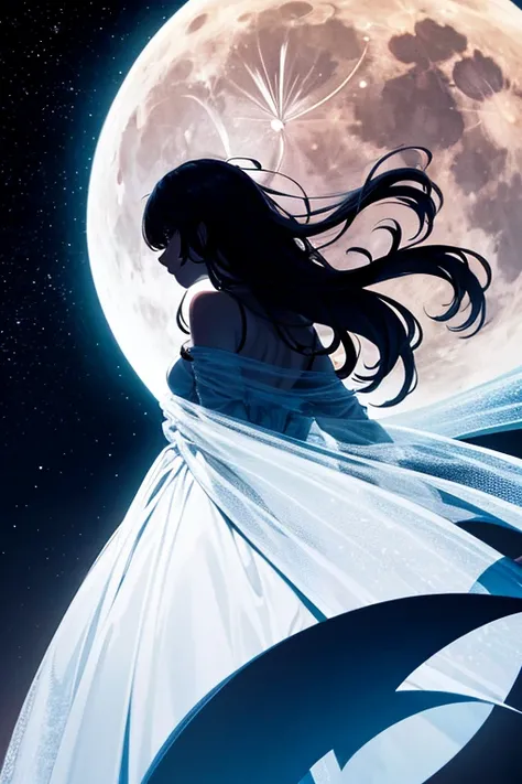 Highest quality,Big moon and shadow,A silhouette of a person can be seen against the backdrop of a large moon.,There is one full moon,There is a mood,Beautiful scenery,Starry Sky