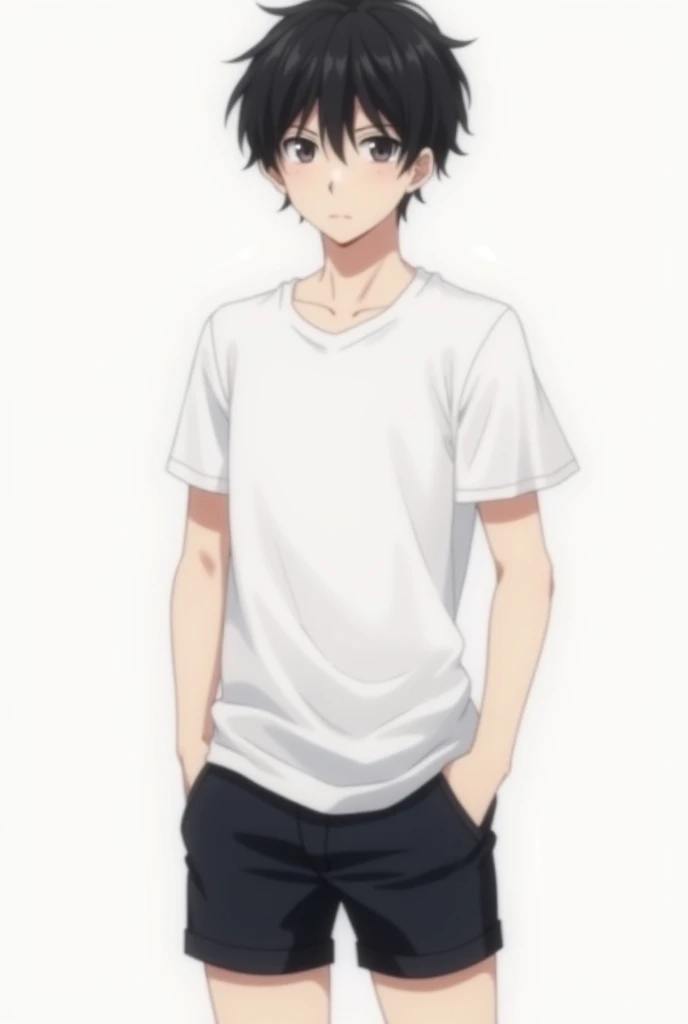 A handsome anime boy, full body view, plain white t-shirt, black shorts, messy black hair