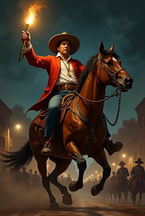 Miguel Hidalgo y Costilla riding a horse at night, raising his right hand holding a broken chain and with a torch in his left hand,while shouting to the people to continue the fight for independence in a Mexican town.