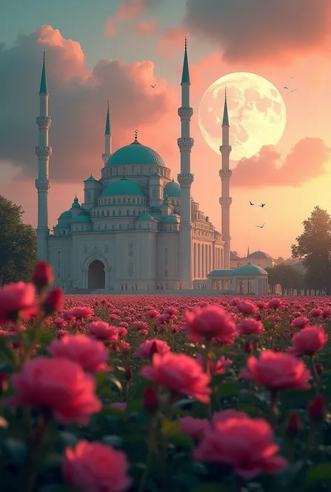 Certainly! The image you uploaded depicts a large, green-domed mosque with multiple minarets against a twilight or dawn sky. In the foreground, there is a field of blooming roses in various shades of pink and red. Above the mosque, there is a large full mo...