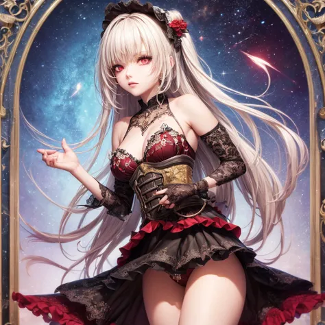 quality,8k,Highly detailed CG unit, masterpiece,High resolution,top-quality, real texture skin,surreal,Increase the resolution,RAW Photos,highest quality,Very detailed,From below,Cool Beauty,Glamour Women, Cool pose,Gothic Lolita,A skirt full of frills,Red...