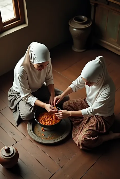 1.2), two beautiful hijab malay woman, sitting on floor, wearing loose shirt and a batik sarong, soft lighting, , cozy room, relaxed pose, realistic, intricate details, warm colors, is pouring a meal into a wok in a tradition wooden plank kitchen, top aeri...