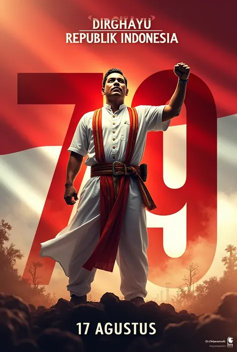  "A powerful and inspiring poster celebrating the 79th Independence Day of Indonesia. The poster features a strong and determined Indonesian man in traditional attire, standing tall against a backdrop of the Indonesian flag fluttering in the wind. The back...