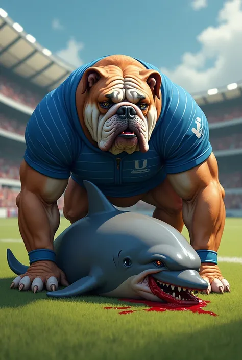 Muscular bulldog dressed up in blue stipe uniform stepping on dead dolphin bleeding blood in the rugby field
