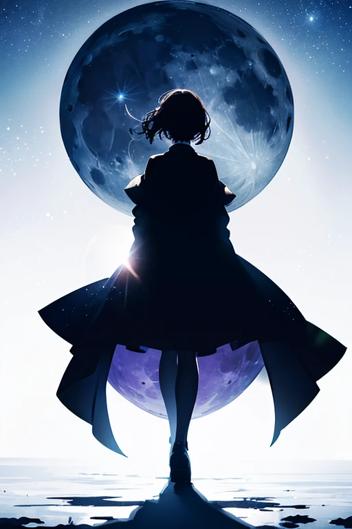 Highest quality,Big moon and shadow,A silhouette of a person can be seen against the backdrop of a large moon.,There is one full moon,There is a mood,Beautiful scenery,Starry Sky