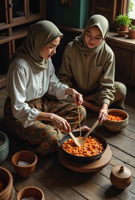 1.2), two beautiful hijab malay woman, sitting on floor, wearing loose shirt and a batik sarong, soft lighting, , cozy room, relaxed pose, realistic, intricate details, warm colors, is pouring a meal into a wok in a tradition wooden plank kitchen, top aeri...