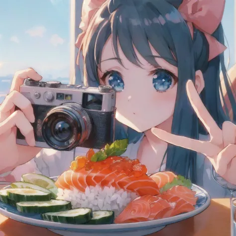 anime girl taking a picture of a plate of sushi with a camera, Pickles and Ikura,anime style 4K 円, anime style mixed with fujifilm, anime style. 8k, photorealistic anime, Cute realistic portrait, anime! 4K, anime! 4K 円, anime picture, detailed digital anim...