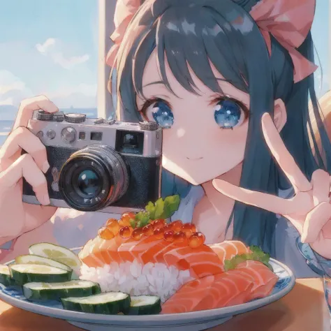 anime girl taking a picture of a plate of sushi with a camera, Pickles and Ikura,anime style 4K 円, anime style mixed with fujifilm, anime style. 8k, photorealistic anime, Cute realistic portrait, anime! 4K, anime! 4K 円, anime picture, detailed digital anim...