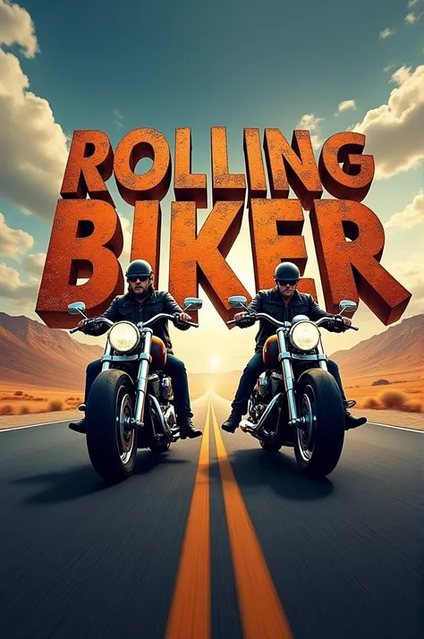 Create me some letters that say ROLLING BIKER on a road with two motorcycles on the sides 