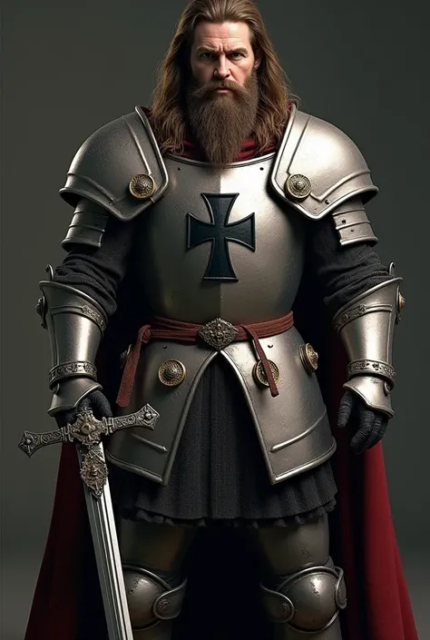 Side view, Standing pose, Action pose,  12th century, One of the Teutonic Knights, (German Men, 30 years old, Brown Hair, Long Hair, beard, moustache, Severe),Cover the whole body in armor, He has a double-edged sword in both hands., (1 Crusader Sword), Th...