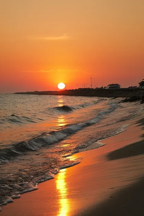 Highest quality、The beach where the sun sets、Orange sky、Shadow of a person