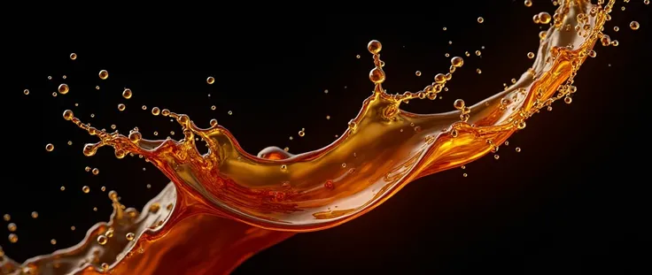 3D render of maple syrup and honey splash in mid-air, rich golden-brown hues with a glossy, viscous texture, dynamically suspended against a deep black background, the splash forms intricate, fluid shapes that radiate energy, contrasting sharply with the d...