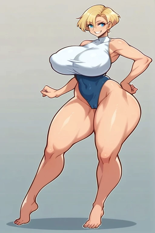 score_9, score_8_upper, score_7_upper, score_6_upper, Mature Woman, {{Super huge breasts}}, Wide Hips, Curvy, Straight hair, short hair, bionde, Blue eyes, White shirt, Sleeveless shirt, Supperer high leg cut_School Swimsuit, indoor, Are standing, View you...